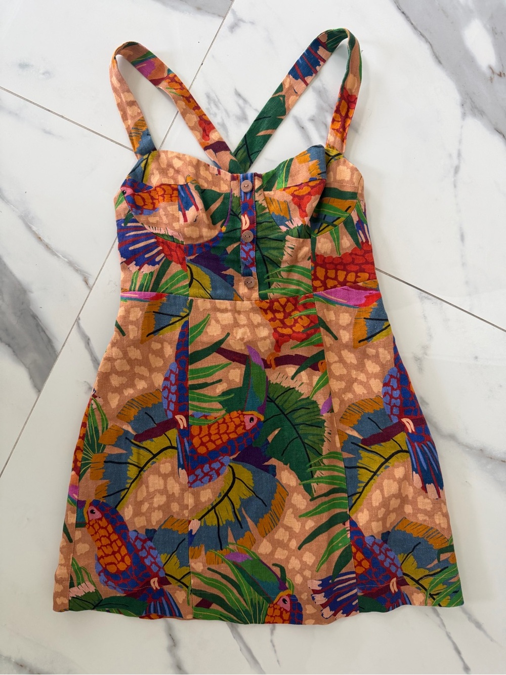 FARM Rio Multicolor Tropical Parrot Mini Dress - Peach, Green, Blue